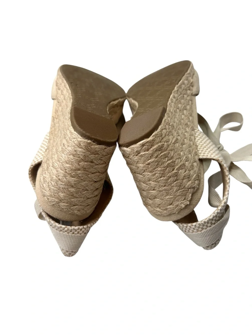 Vionic Espadrille Wedges Size 8.5 Ribbon Ankle Wrap Maris Cream Suede Closed Toe